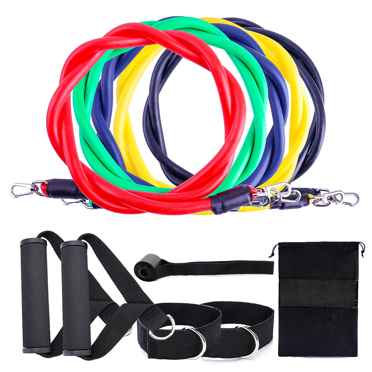 Five color-coded resistance bands and their approximate strength levels