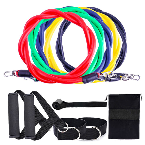 Five color-coded resistance bands and their approximate strength levels